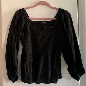Madewell Black 3/4 Sleeve Smocked Peplum Top
